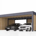 Dviguba medinė automobilio stoginė+sandėliukas Anika, 7.6×5.6, 42.50m²